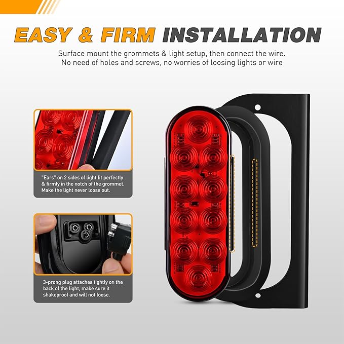 GOOACC 6Inch Oval Trailer Tail Light 2PCS 10LED Red Stop Brake Turn Signals Lights w/Surface Mount Grommets Plugs Mounting Brackets IP67 Waterproof for Truck RV Tractor
