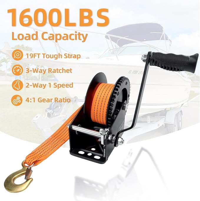 1600LBS Heavy Duty Boat Trailer Winch with 19FT Strap, 2-Way Ratchet, 4:1 Gear Trailer Winch, Portable Hand Crank for Boat, Truck, Trailer, RV, ATV, Jet Ski (1600lbs Orange Strap Winch)