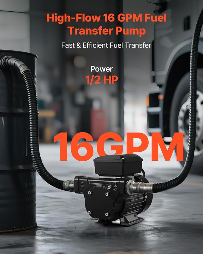 VEVOR Oil Transfer Pump 110V, 16 GPM 60 L/min, AC Electric Fuel Transfer Pump for Diesel Kerosene Biodiesel, 8 ft/2.4 m Max Suction Lift, 45 ft/13.7 m Max Lift, for Vehicles, Construction Sites, Farms