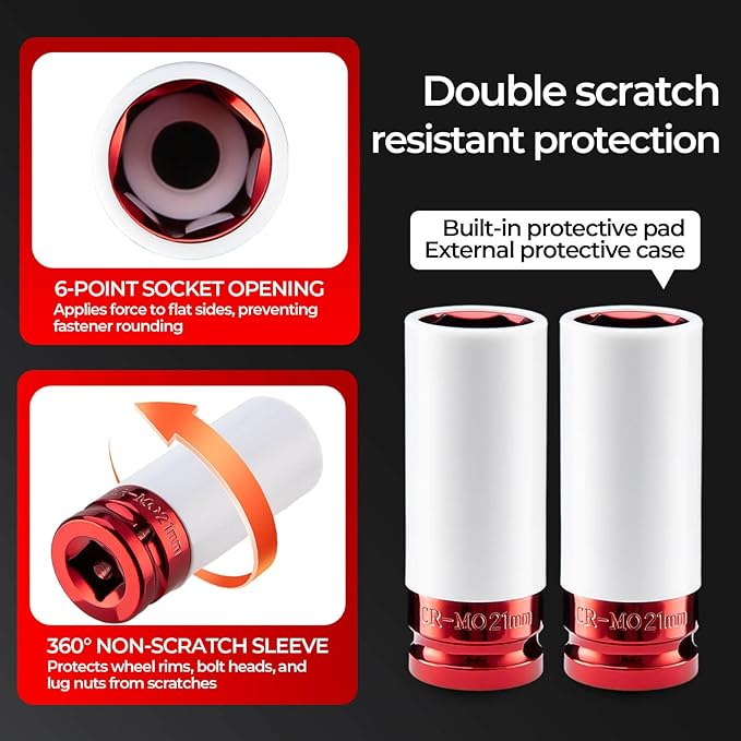 1/2" Drive Wheel Protector Impact Socket, 5pcs Thin Wall Deep Impact Socket Set, Durable Plastic Sleeve Lug Nut Socket, 6 Point, Metric, Color-Coded,15 17 19 21 22mm