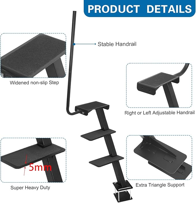 Boat Trailer Step, Heavy Duty Steel 3 Steps Ladder for Boat Trailer Tongue with Left or Right Adjustable Handrail, 450lbs Capacity, Black