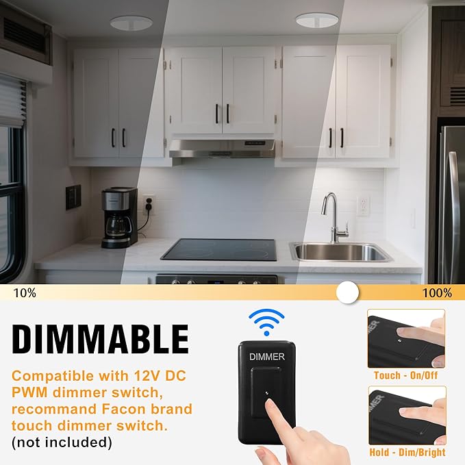 Facon 2-Pack 12V DC RV Ceiling Dome Light with On/Off Switch - 4000K Cool White, Large Oval Pancake RV Puck Light for RVs, Motorhomes, Campers & Boats, ETL Listed