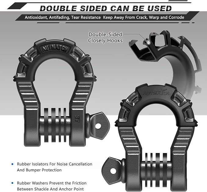 AUTMATCH D Ring Shackles 3/4" Mega Shackle (2 Pack) 68,000Ibs Break Strength - Heavy Duty Clevis Shackles 7/8" Screw Pin & Isolator Washer for Tow Strap Winch Off Road Vehicle Recovery, Gunmetal Gray