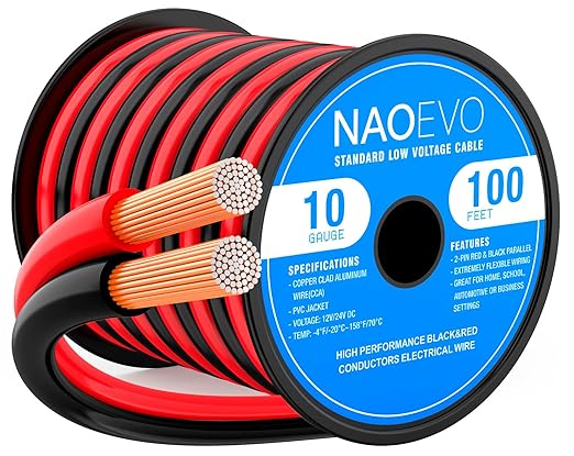 NAOEVO 10 Gauge Wire 100FT, 2 Conductors Electrical Wire Red Black Cable, Flexible/Low Voltage/PVC 10 AWG Copper Clad Aluminum Extension Cord for Speaker, LED Strips, Automotive 12V/24V DC