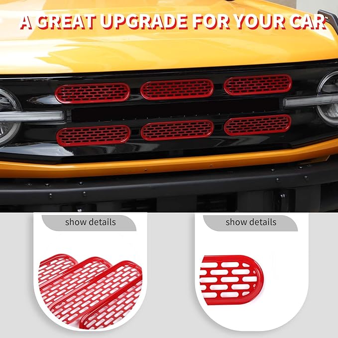 Jimen Compatible with Ford Bronco 2021-2023, 6PCS Front Grille Inserts Mesh Grill Cover Exterior Trim Accessories (Red)