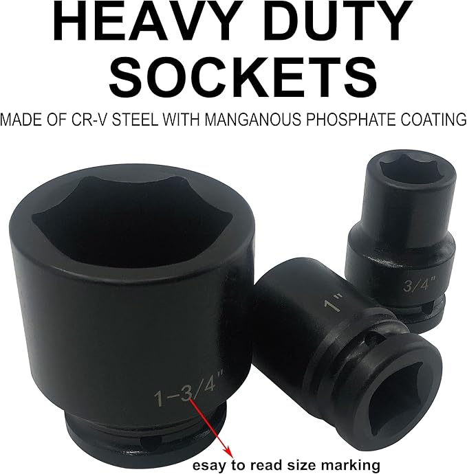 MacWork 29 Pieces Impact Socket Set, 3/4-Inch Drive, Standard, SAE 3/4 inch to 2-1/2 inch, CR-V Alloy Steel, 6-Point Sockets with a Storage Case