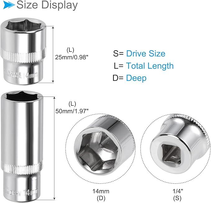 6-Point Socket, 1/4" Drive 14mm Deep, Polished Chromed CR-V Metric Deep and Shallow Impact Socket - (Applications: for Ratchet Torque Electric Wrenches Car Repair), 2-Pieces