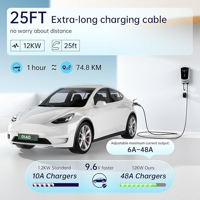 QIAO Level 2 EV Charger Hardwired, Home Charging Station UP to 48A, 240V with Smart APP & Scheduled Charging, J1772 Compatible for All EVs/PHEVs, 25ft Cable, 4.3in Display, IP65 Waterproof