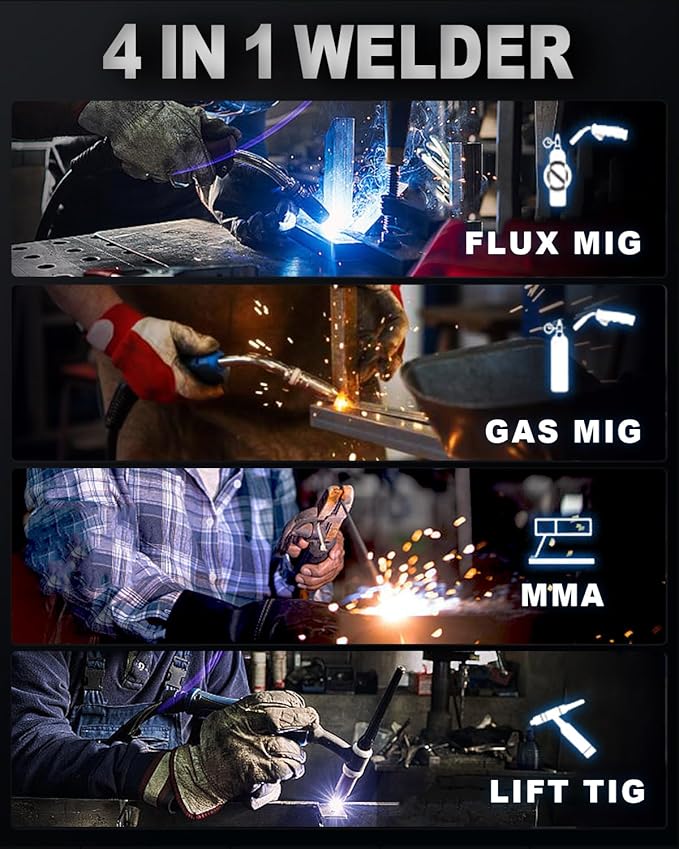 Ehomful 145A Mig Welder 110v/220v,Gas MIG/Gasless Flux Core MIG/Lift TIG/MMA/Stick Welder Machine, 4 in 1 Multi-Process Welding Machine with Synergy, IGBT Inverter,with Welders Helmet and Gloves