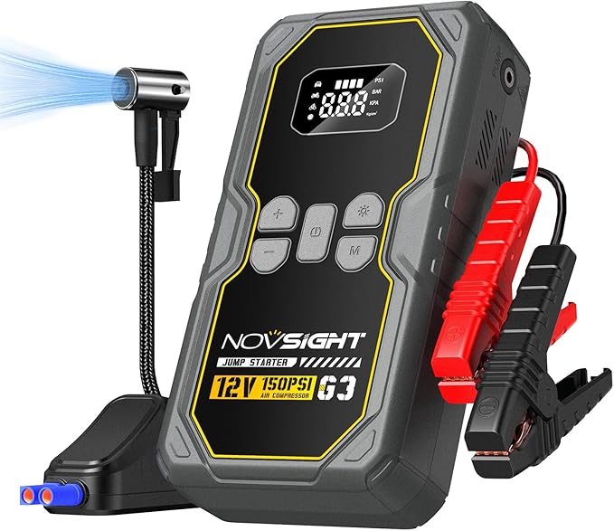 NOVSIGHT Jump Starter with Air Compressor - 6250A Portable Battery Jump Starter for Car(5L Gas/3L Diesel) 12V Car Jump Box & 150PSI Auto-Shut Tire Inflator with Carrying Case(Yellow)