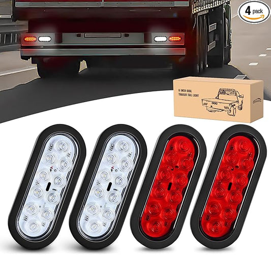 GOOACC 6Inch Oval Trailer Tail Light 4PCS 10LED White Red Stop Turn Signals Reverse Lights w/Surface Mount Grommets Plugs IP67 Waterproof for Truck RV Tractor