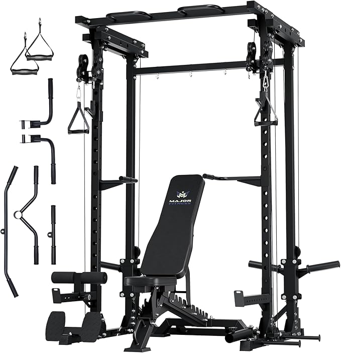 MAJOR FITNESS Drone3 Power Cage - Multi-Function Power Rack for Home Gym, Squat Rack with Pull-up Bar, Cable Crossover System, J-Hooks, for Strength Training, Heavy-Duty Steel Construction