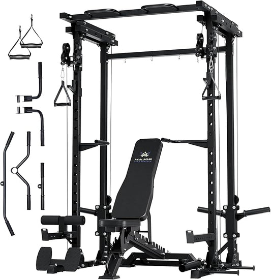 MAJOR FITNESS Drone3 Power Cage - Multi-Function Power Rack for Home Gym, Squat Rack with Pull-up Bar, Cable Crossover System, J-Hooks, for Strength Training, Heavy-Duty Steel Construction