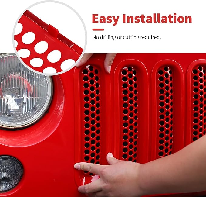 Mesh Grille Grill Insert+Headlight Turn Light Cover Trim Fit for 2007-2018 Jeep Wrangler JK JKU(Red)