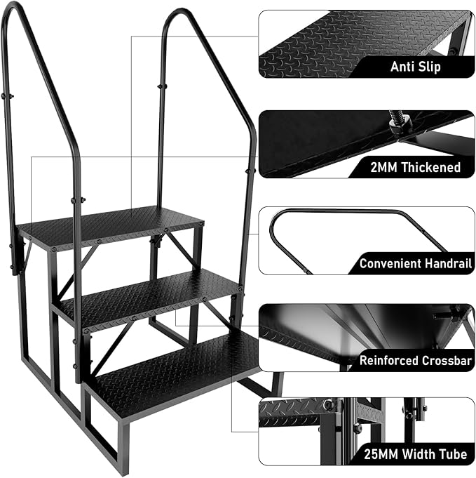 RV Steps with Handrails, 3 Step RV Stairs 660 lbs Load Capacity, Step Ladder with Anti-Slip Panel, Mobile Home Stairs for Travel Trailers