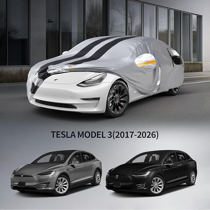 10 Layers Car Cover Custom Fit for Tesla Model 3 2017-2026 100% Waterproof All Weather Automobiles, Gift with Towel, Heavy Duty Car Covers for Rain Sun UV Protection with Door Zipper.
