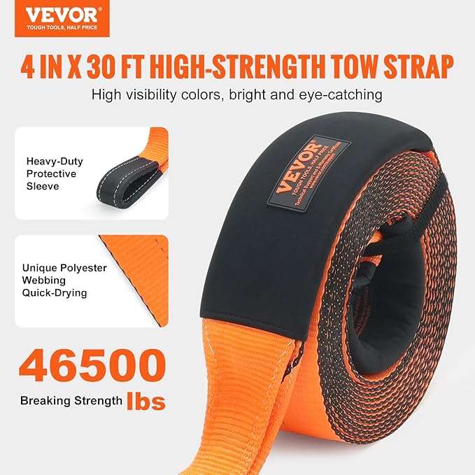 VEVOR Tow Straps Heavy Duty with Loops 4" x 30', 46,500 lbs Break Strength, Tree Saver, Emergency Off Road Towing and Recovery, Triple Reinforced Loops, Protective Sleeves & Storage Bag