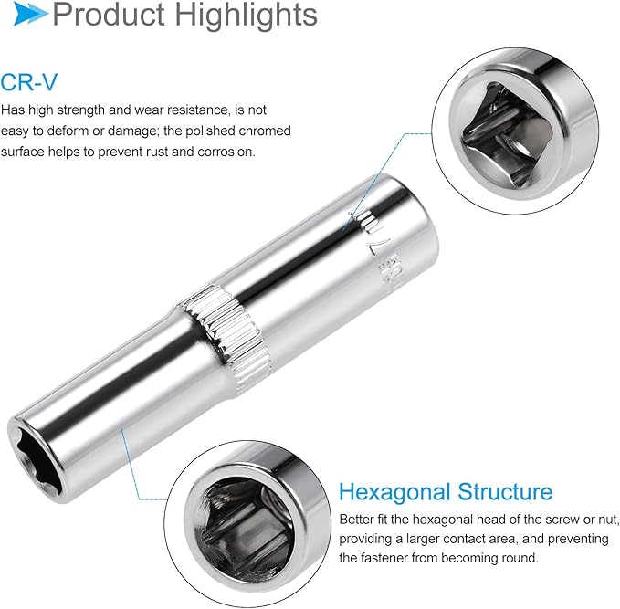 6-Point Socket, 1/4" Drive 7mm Deep, Polished Chromed CR-V Metric Deep and Shallow Impact Socket - (Applications: for Ratchet Torque Electric Wrenches Car Repair), 2-Pieces