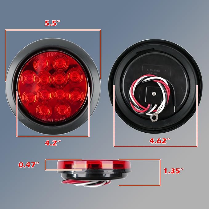 2Pcs 4.2 inchRed Round LED tail trailer light 12 LEDs IP67 Waterproof Stop Brake Turn Signal Reverse marker Tail Light Surface Mount, Light for boat trailer (4" Round Red)