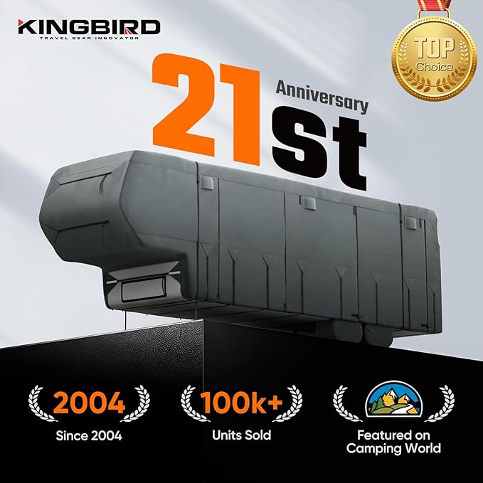 KING BIRD RV Cover, Heavy Duty 5-Layer Snow Protection, Fits 29-33ft 5th Wheel Campers, with Adhesive Repair Patches,Windproof Straps&Tire Covers