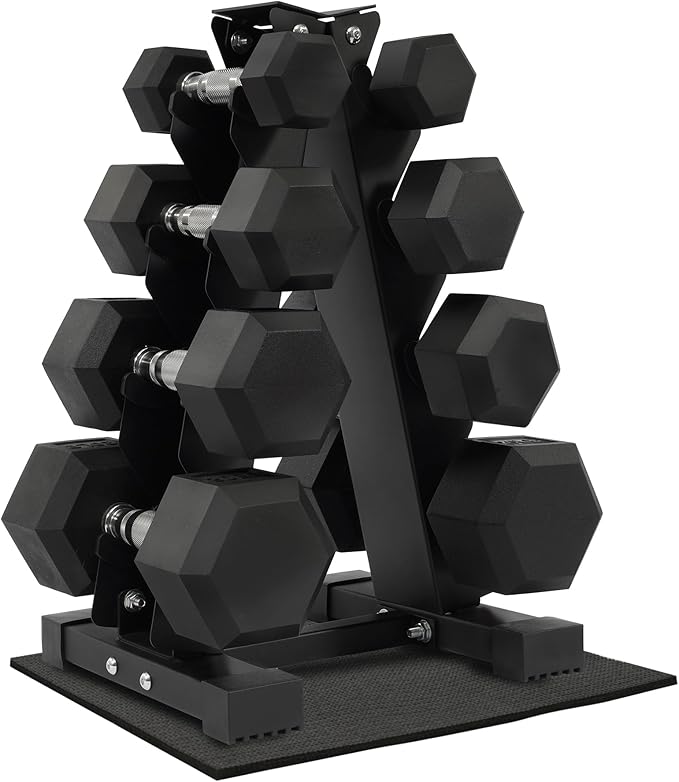 Rubber Encased Hex Dumbbell Set with Rack, 5-20LB or 5-25LB Hand Weights with Anti-Slip Grip for Exercise & Fitness, Dumbbell Weights Set for Home Gym, 100LB or 150LB Set Options