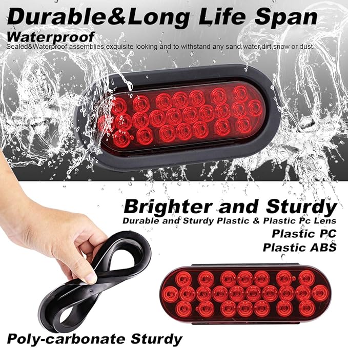6 Inch Oval Red light 24 LED Clearance Lamps Marker Lights Brightness Plug & Grommets Stop Brake for Trailer Truck Boat Tractor 12V DC [Pack of 2]