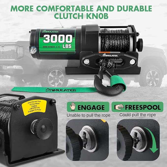 STIMULATER 3000lb ATV Winch with Synthetic Rope,Electric Winch 12V, with Wireless Remote Control and Manual Switch, with Hawse Fairlead,IP67 Waterproof,Suitable for Most Trailer, Boat and ATV Winch