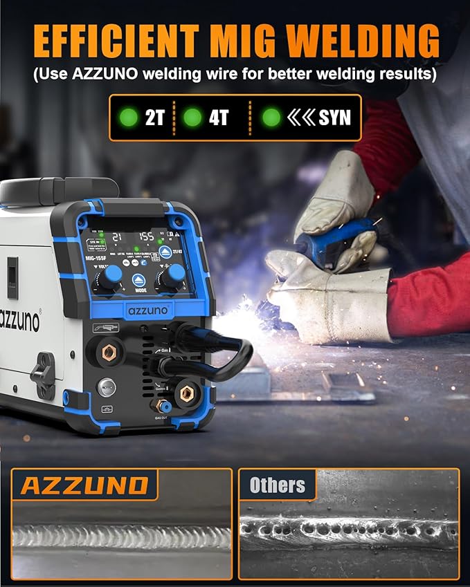 AZZUNO MIG Welder Machine 110V/220V, 155Amp 5-in-1 Gas MIG/Aluminum MIG/Gasless Flux MIG/Lift TIG/Stick Welding Machine, Upgraded Wire Feed Welder