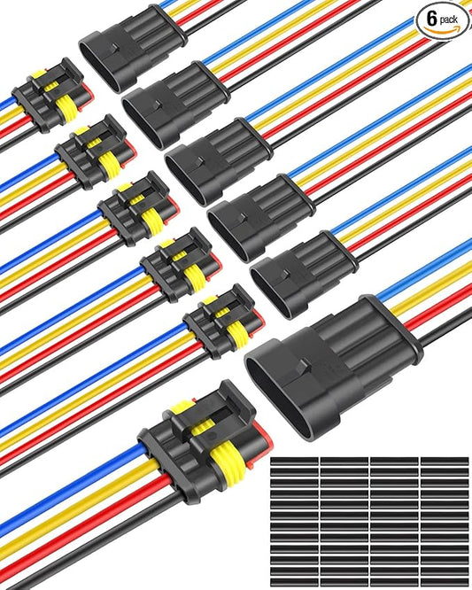 NAOEVO 4 Pin Connector Waterproof, 16 AWG 4 Wire Connectors, Automotive Electrical Connectors Male and Female Way with Heat Shrink Tubing for Car Truck Boat Wire Connection, 6 Kits