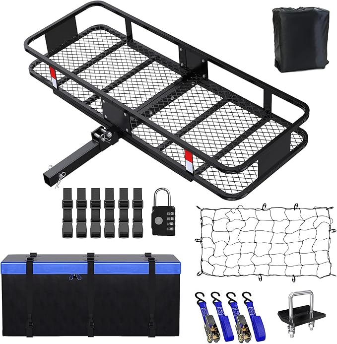 FORWODE 500 LBS Hitch Mount Cargo Carrier Basket, 60"x20"x6" Folding Hitch Cargo Carrier Rack + Waterproof Cargo Bag 16 Cubic Feet(58"x19"x24") and Cargo Net, Ratchet Straps, Hitch Stabilizer