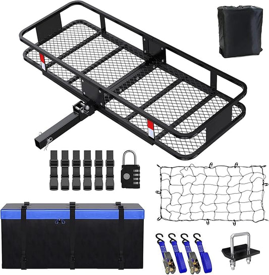 FORWODE 500 LBS Hitch Mount Cargo Carrier Basket, 60"x20"x6" Folding Hitch Cargo Carrier Rack + Waterproof Cargo Bag 16 Cubic Feet(58"x19"x24") and Cargo Net, Ratchet Straps, Hitch Stabilizer