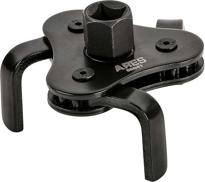ARES 56041 – Adjustable 3-Jaw Oil Filter Wrench – 2 1/2-Inch to 4 Inch (63mm to 101mm) Capacity – Use with 3/8 or 1/2-Inch Drive Ratchets or 7/8-Inch Wrenches – Carbon Steel Construction