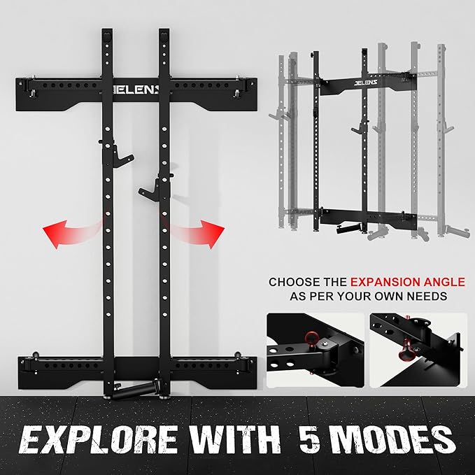 Folding Squat Rack, Wall Mounted Power Rack for Home Gym, Space Saving Multi-Functional Power Cage with Attachments