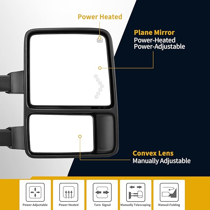 DWVO Towing Mirrors for Ford F-250 F-350 F-450 F-550 Super Duty 1999-2007 & Excursion 2001-2005 - LED Turn Signal, Heated, Telescoping, Power Adjustable, Black