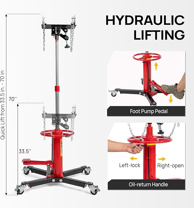 TUFFIOM Transmission Jack, 1660 lbs 3/4-Ton Hydraulic 2-Stage High Lift Vertical Telescoping Floor Jack Stand, 34" to 68" Lifting Range, w/Pedal, 360° Swivel Wheels, Garage/Shop Lift Hoist, Red