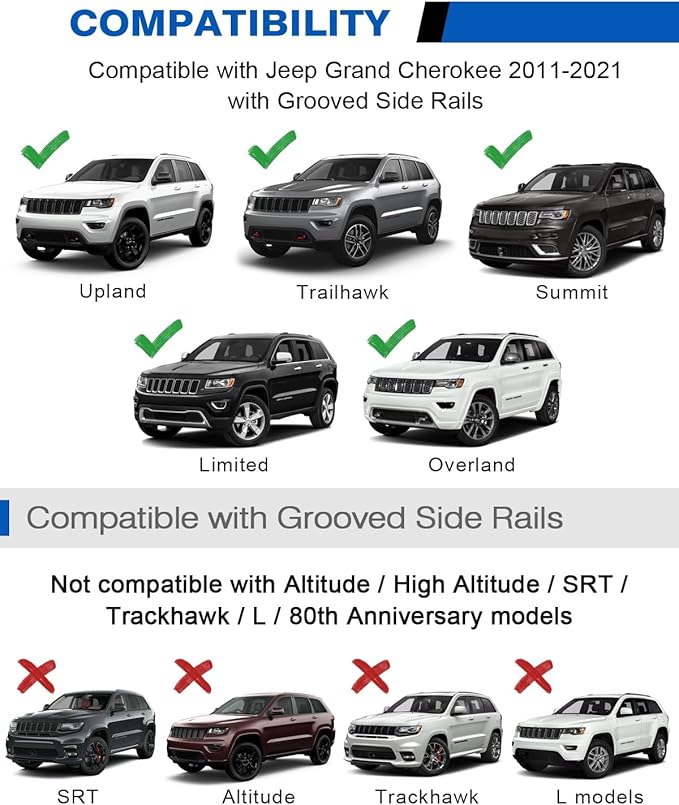 Heavy Duty 260lbs Lockable Roof Rack Cross Bars Compatible with Jeep Grand Cherokee 2011-2021 (with Grooved Side Rails), All-Metal Aluminum Crossbars Rooftop Cargo Bag Kayak Luggage