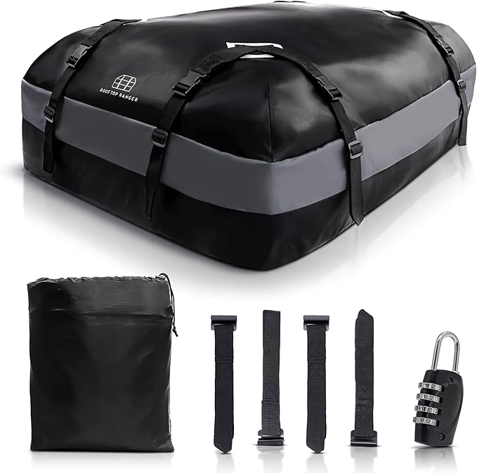 15 Cubic Ft Car Rooftop Soft Shell Cargo Carrier, 100% Waterproof - Car Storage for All Vehicle with/Without Racks - Attached Anti Slip Mat, Storage Bag, 4 Door Hooks & Straps, Lock