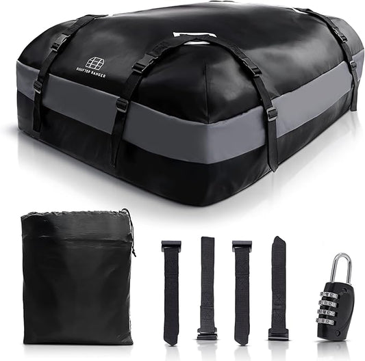 15 Cubic Ft Car Rooftop Soft Shell Cargo Carrier, 100% Waterproof - Car Storage for All Vehicle with/Without Racks - Attached Anti Slip Mat, Storage Bag, 4 Door Hooks & Straps, Lock