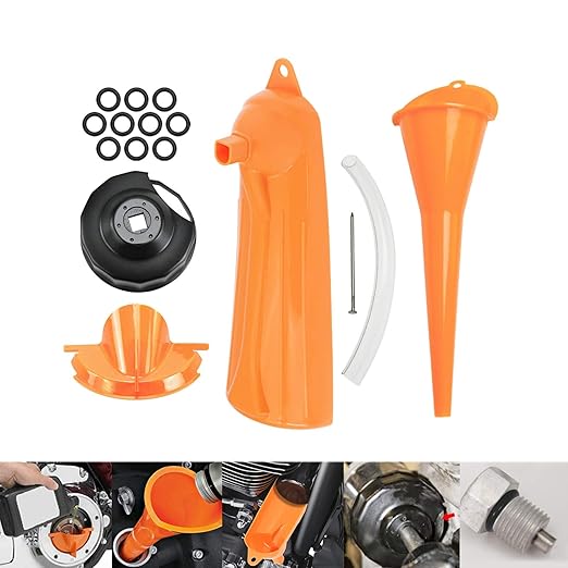HDBUBALUS Crankcase Fill Funnel Primary Case Oil Fill Oil Filter Funnel Set with Oil Filter Wrench and Primary Drain Plugs Compatible with Harley Orange