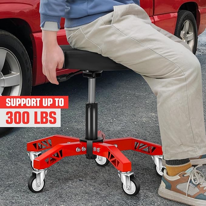 DNA Motoring Rolling Shop Stool, Adjustable Height Padded Rolling Seat, Pneumatic Roller Mechanic Stool for Garages, 300lbs Capacity, TOOLS-00635-BK-RD