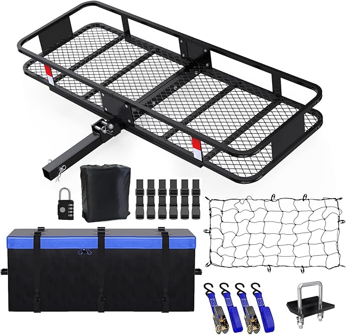FORWODE 60x24x6 Hitch Carrier for 2 Inch Receiver, 500LB Capacity Hitch Mount Rack with Folding Cargo Basket, Rust-Resistant Coat, Includes Cargo Bag, Cargo Net, Hitch Stabilizer,Ratchet Straps