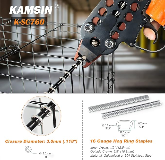 K-SC760 16 Gauge 1/2-Inch Hog Ring Gun, 3.0-4.8mm Closure Diameter Pneumatic Hog Ring Tool, Automatic Hog Ring Plier, Hog Ring Tool for Fencing, Cages (K-SC760 C Ring Gun)