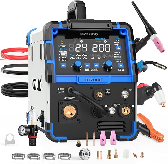 AZZUNO 200A Plasma Cutter Welder Combo, 9 in 1 Multiprocess Welder Machine Gas MIG/PULSE MIG/MAG/Flux Gasless MIG/Spool Gun Compatible/HF TIG/Stick/CUT/SPOT MIG, 110/220V Aluminum MIG Welding Machine