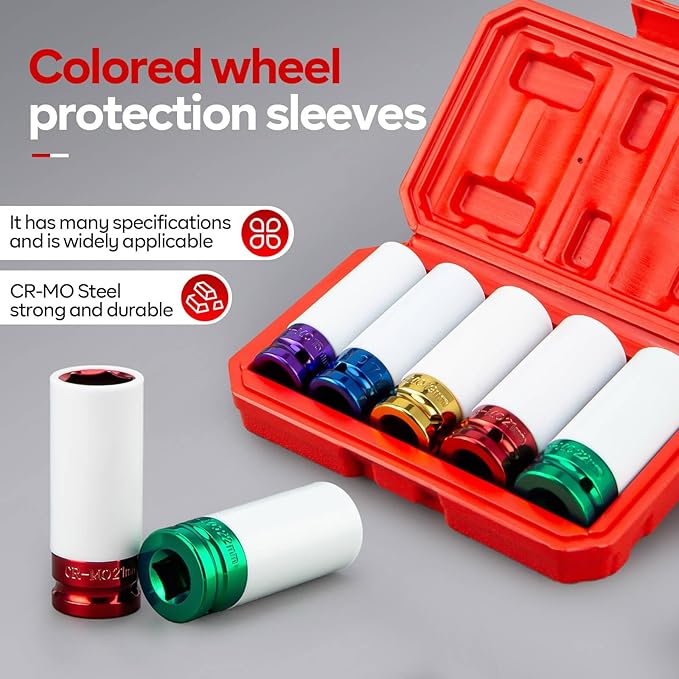 1/2" Drive Wheel Protector Impact Socket, 5pcs Thin Wall Deep Impact Socket Set, Durable Plastic Sleeve Lug Nut Socket, 6 Point, Metric, Color-Coded,15 17 19 21 22mm
