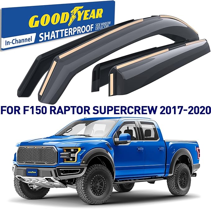 Goodyear Shatterproof in-Channel Window Deflectors for Ford F150 Raptor 2017-2020 SuperCrew, Rain Guards, Window Visors for Cars, Vent Deflector, Car Accessories, 4 pcs - GY007732