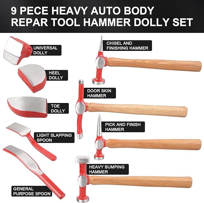 DAYUAN 9 pcs heavy duty Auto Body Repair Tool, Fender Repair Kit Carbon Steel Hammer Dolly Set Dent Hammer Set with Hickory Handle