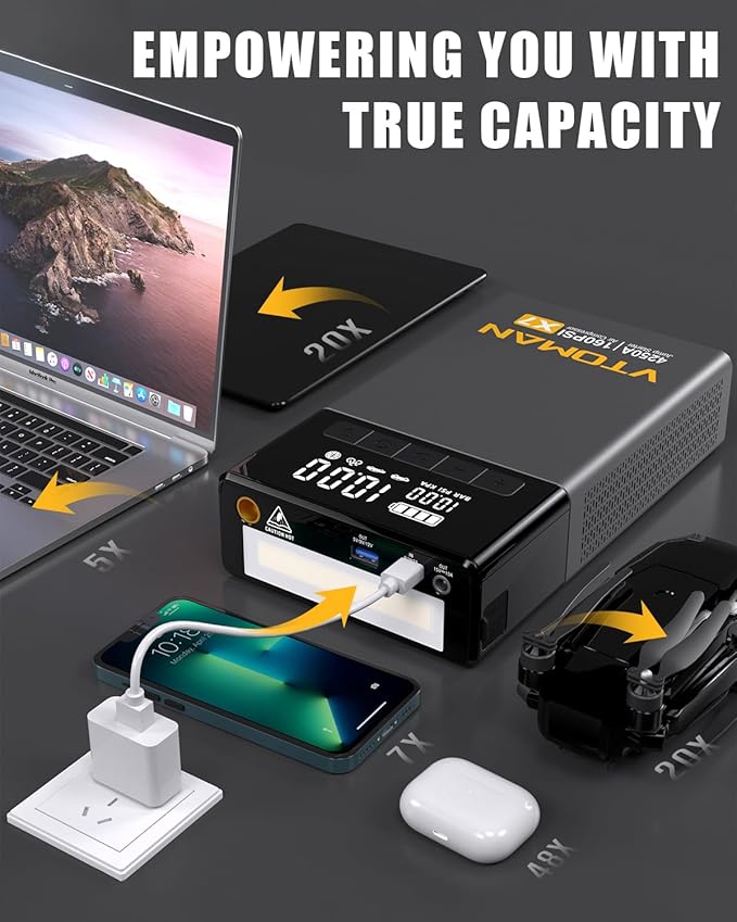 VTOMAN X7 Jump Starter with Air Compressor, 4250A&160PSI Pickup Trucks & Suvs Battery Car Jumper Starter Portable(10L Gas/10L Diesel) with Auto-Shutoff Tire Inflator, 12V Lithium Booster Box, QC3.0