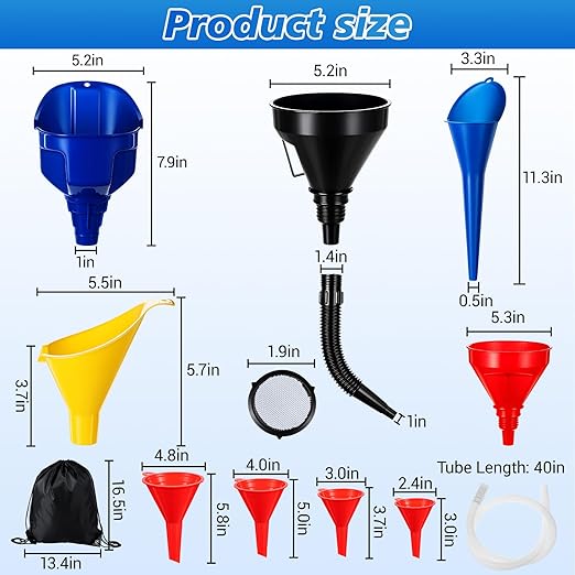 Maxdot 11 Pcs Oil Funnel Set with Storage Bag, Plastic Wide Mouth Flexible Fuel Funnel with Long Hose and Filter Long Neck Spill Saver for Automotive and Kitchen Use, Gas, Coolant, Other Fluids