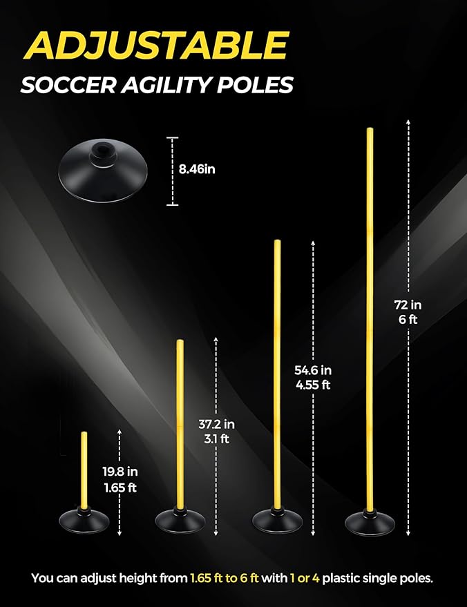 SEAOTTER Soccer Agility Poles Set, 4/6/10 Pcs 6ft Detachable Sports Trainning Speed Poles Slalom Poles with Rubber Base, Agility Training Equipment for Football, Rugby, Basketball, Indoor & Outdoor