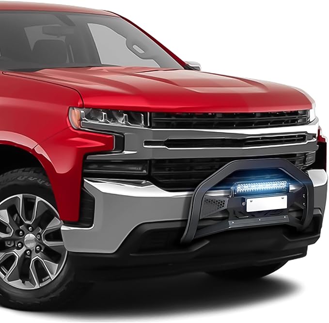 Bull Bar Brush Guard with LED Light Bar & License Plate Frame Compatible with 2019-2024 Chevy Chevrolet Silverado 1500 & GMC Sierra 1500, Front Bumper Push Bar Grill Guard Grille with Skid Plate